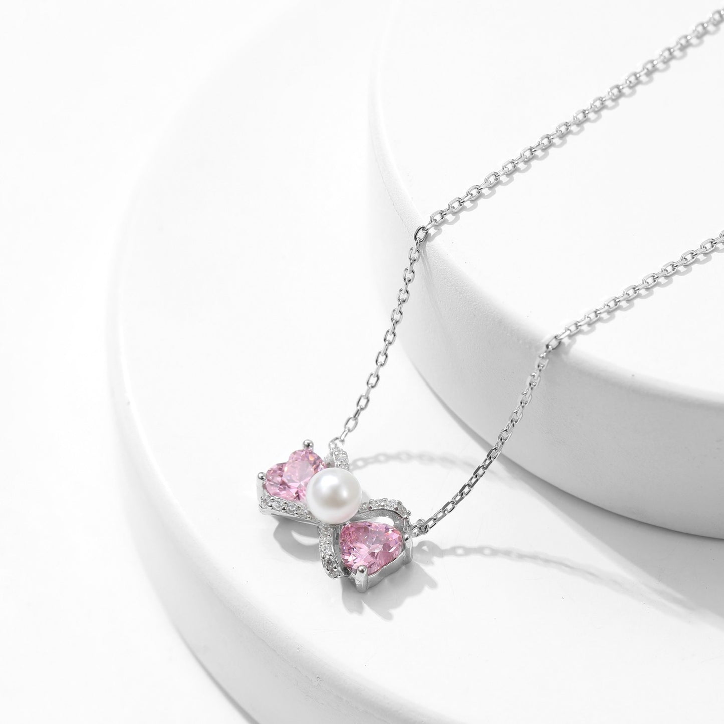 S925 Pink Diamond Ribbon with Pearl Necklace