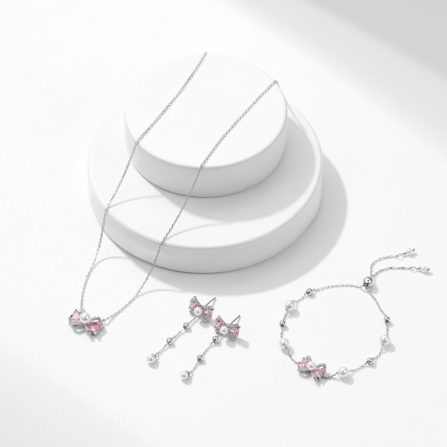 S925 Pink Diamond Ribbon with Pearl Necklace