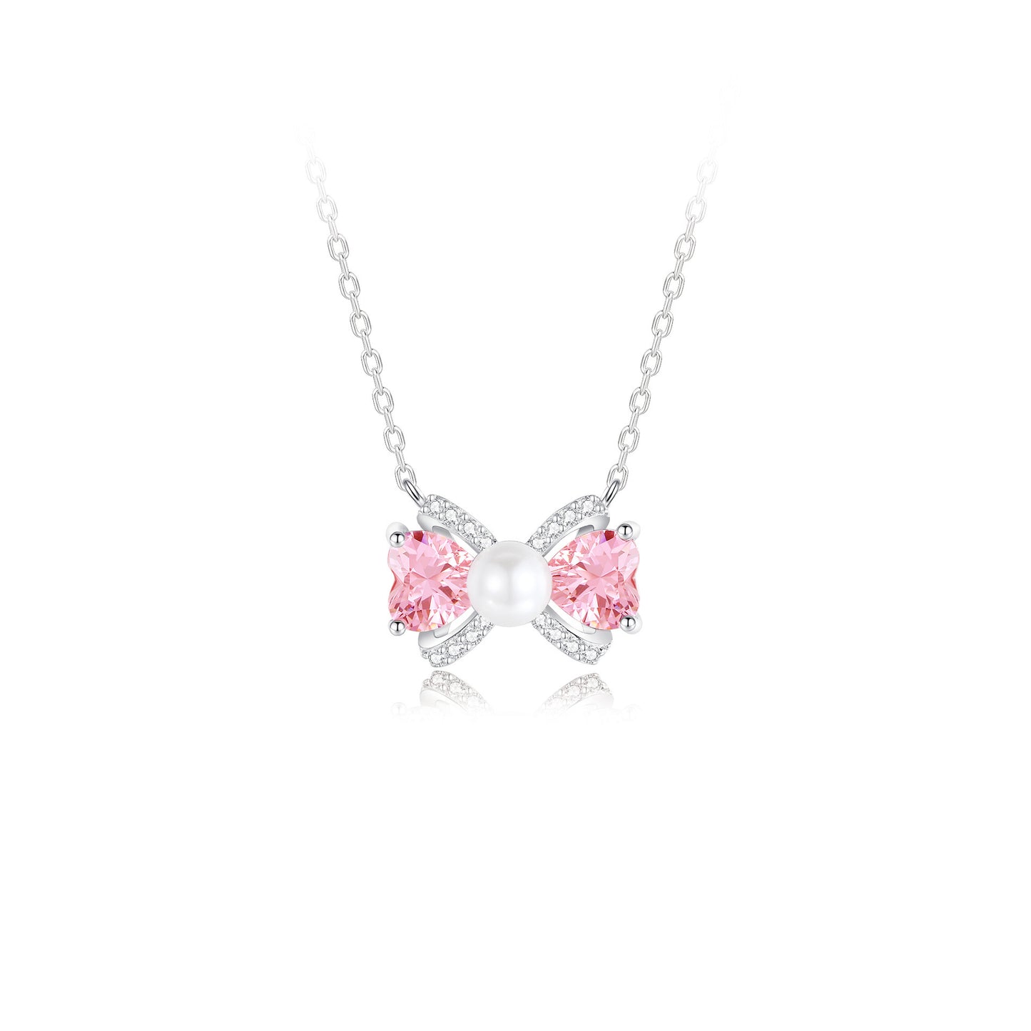 S925 Pink Diamond Ribbon with Pearl Necklace