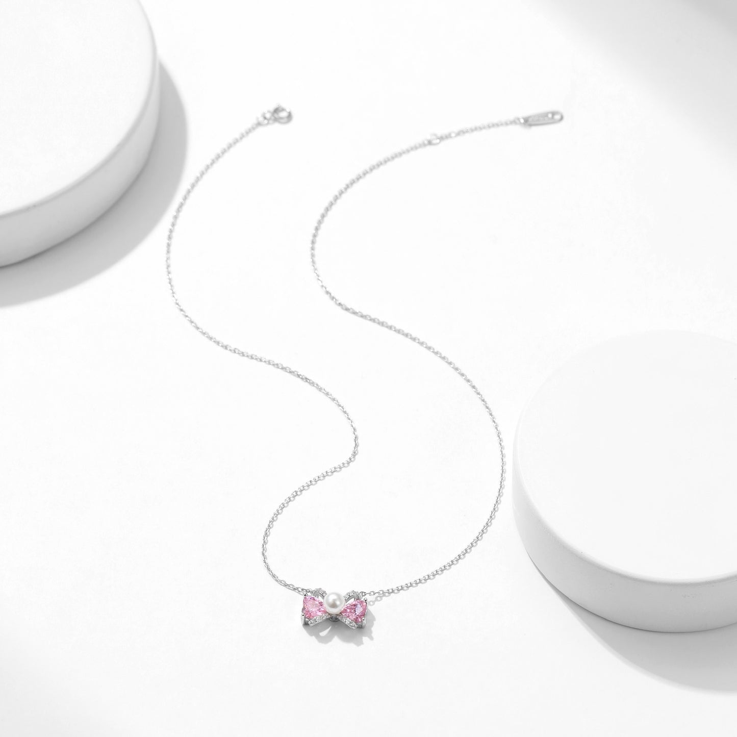 S925 Pink Diamond Ribbon with Pearl Necklace